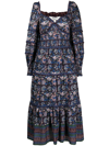 Sea Noah Tiered Shirred Floral-print Cotton-voile Midi Dress In Navy