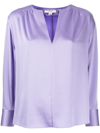 Vince Smocked Shoulder Long Sleeve Satin Blouse In Lily Stone-542lys
