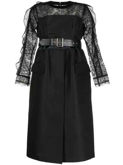 Sacai Lace-trim Belted Midi Dress In Black