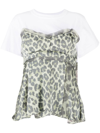 Sacai Leopard Print Mixed Media Peplum Top In White