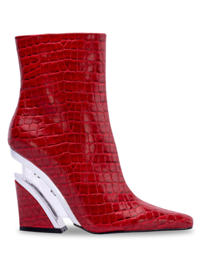 Lady Couture Women's Via Crocodile Embossed Wedge Heel Ankle Boots In Red
