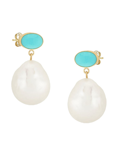 Nancy B Saks Fifth Avenue Women's 14k Yellow Gold, 12mm Baroque Natural Freshwater Pearl & Turquoise Drop Ea
