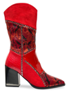 Lady Couture Art Patchwork Studded Snake Embossed Boot In Red