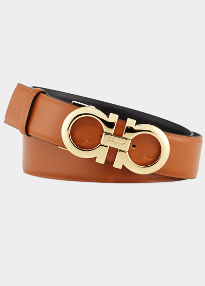 Ferragamo Gancini-buckle Reversible Leather Belt In Sella / Gold