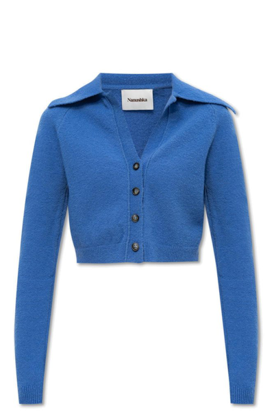Nanushka Spread-collar Cropped Cardigan In Blau