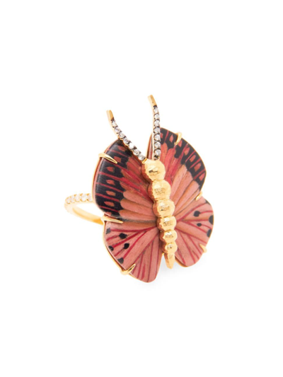 Silvia Furmanovich Women's Silk Road 18k Yellow Gold, Wood, & 0.63 Tcw Diamond Marquetry Butterfly Ring In Pink