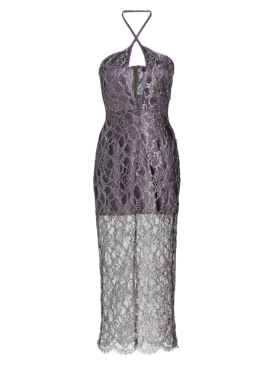 Frederick Anderson Women's Halter Metallic Lace Dress In Silver Lavender