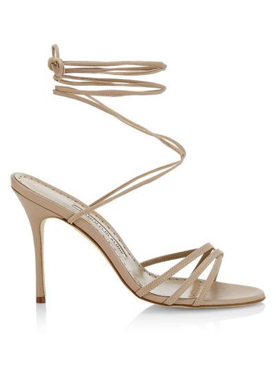 Manolo Blahnik Women's Leva 105mm Leather Wrap Heels Sandals Cream Nude