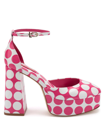Larroude Women's Ari Polka Dot Patent Leather Ankle-strap Platform Pumps In White Pink