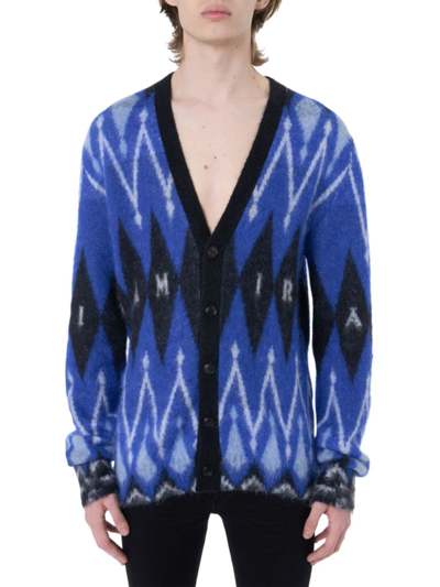 Amiri Argyle Alpaca And Mohair-blend Cardigan In Blue