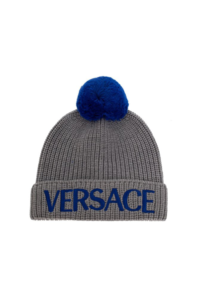 Versace Logo-embroidered Beanie In Grey