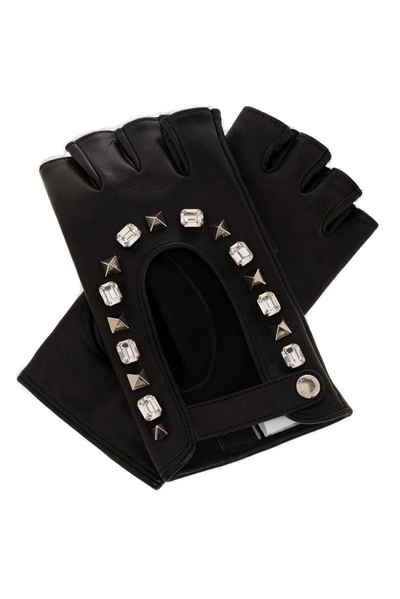 Dolce & Gabbana Embellished Fingerless Leather Gloves In Nero
