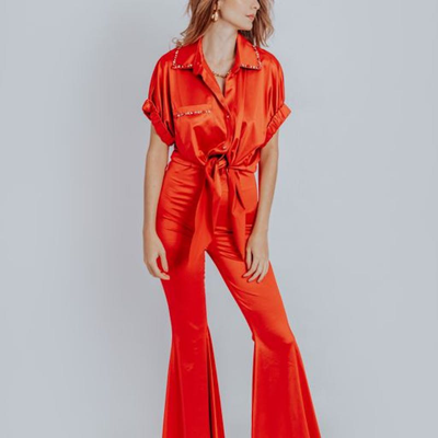 Akalia Ingrid High Waisted Flare Pants In Red