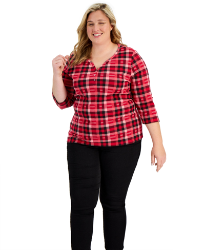 Karen Scott Plus Size Printed Henley Top, Created For Macy's In New Red Amore