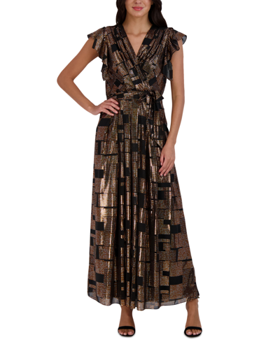 Donna Ricco Women's Metallic Flutter-sleeve Maxi Dress In Black