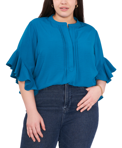 Vince Camuto Plus Size Ruffle Sleeve Henley Blouse In Teal Waters