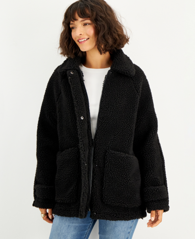Coffeeshop Juniors' Collared Zip-front Fleece Coat In Black