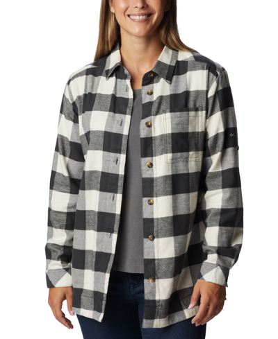 Columbia Plus Size Holly Hideaway Cotton Checked Flannel Tunic Shirt In Shark Buffalo Plaid