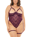 Oh La La Cheri Plus Size Elayne Open Shelf Cup Teddy With Open Gusset And Garter Stays In Potent Purple
