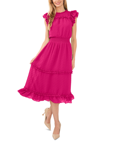 Cece Clip Dot Flutter Sleeve Midi Dress In Bright Rose