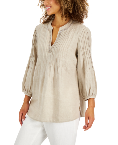 Charter Club Women's 100% Linen Puff-sleeve Tunic, Created For Macy's In Cc Flax