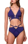 Hauty Along The Lines Bra & High Waist Panties Set In Navy-blue