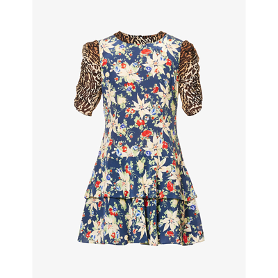 Rixo London Dion Contrast-print Silk Mini Dress In Navy Floral Leopard Mix