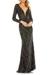 Mac Duggal Black Embellished Long Sleeve Plunge Trumpet Gown In Black Multi