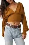 Free People All Nighter Long Sleeve Surplice Crop Top In Tiger Eye