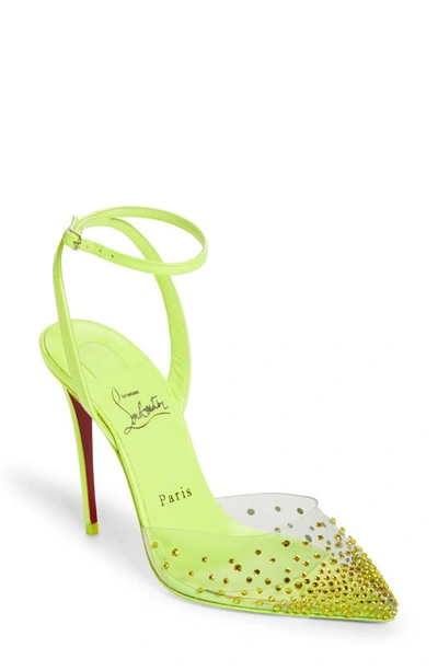 Christian Louboutin Spikaqueen Crystal Pointed Toe Ankle Strap Pump In Version Fluo Yellow