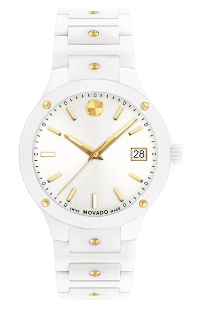 Movado Women's Se Swiss Quartz White Ceramic Yellow Pvd Bracelet Watch 33mm In Two Tone