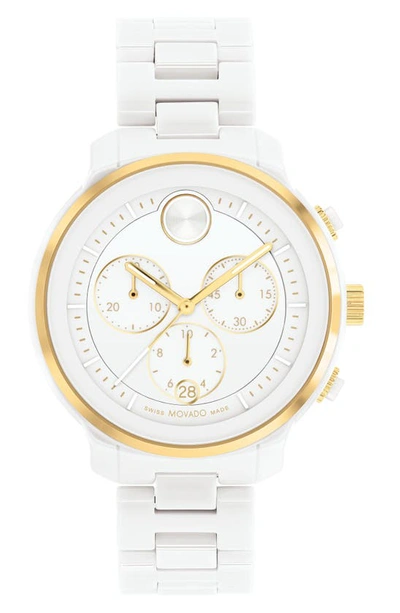 Movado Women's Bold Verso Swiss Quartz Chronograph White Ceramic Bracelet Watch 39mm In Gold Tone / White