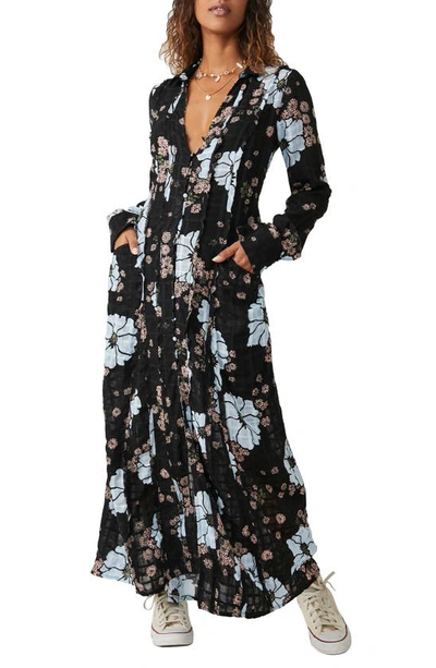 Free People Back At It Floral Print Long Sleeve Maxi Dress In Black