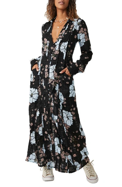 Free People Back At It Floral Print Long Sleeve Maxi Dress In Black Combo