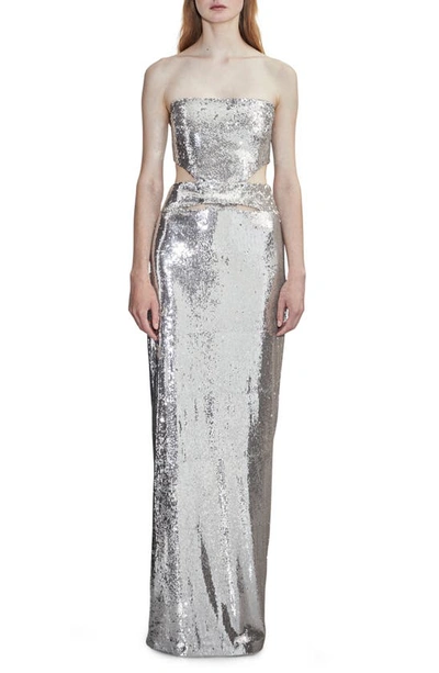 Et Ochs Ava Strapless Sequined Cutout Column Gown In Silver/nude
