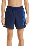 Alexander Mcqueen Graffiti Logo Swim Trunks In Blue