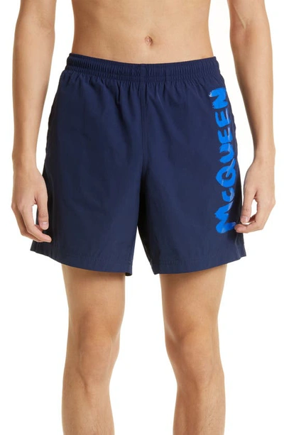 Alexander Mcqueen Graffiti Logo Swim Trunks In Blue