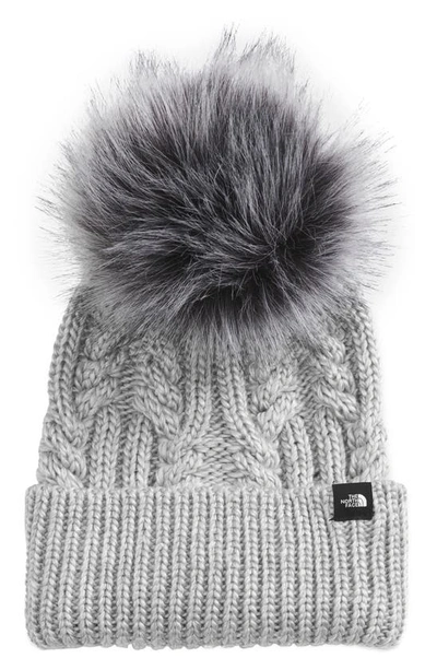The North Face Kids Oh Mega Beanie With Faux Fur Pom In Tnf Light Grey Heather