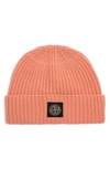 Stone Island Logo Patch Knit Beanie In Peach