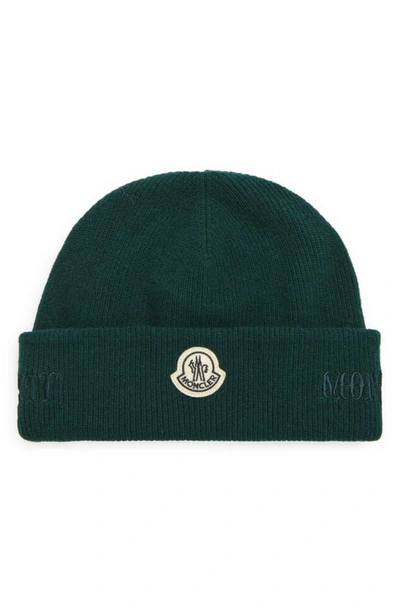 Moncler Genius Bell Logo Patch Rib Wool Beanie In Green