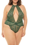 Oh La La Cheri Plunge Keyhole Lace Teddy In Hunter Green