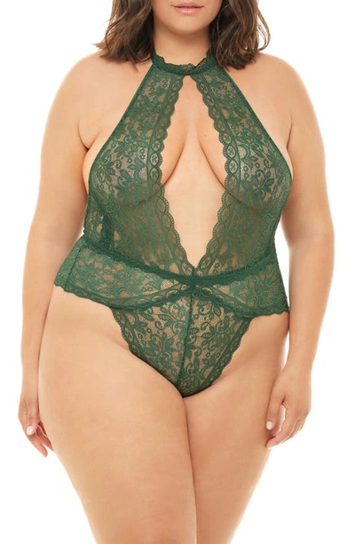 Oh La La Cheri Plunge Keyhole Lace Teddy In Hunter Green