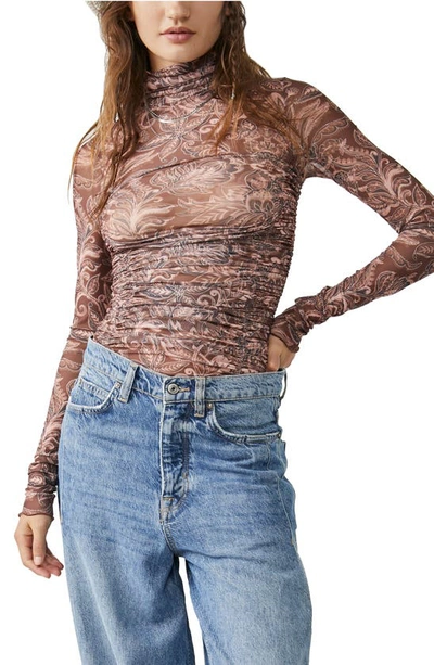 Free People Under It All Ruched Mesh Turtleneck Bodysuit In Rust Combo