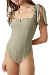 Free People Lola Shoulder Tie Seamed Bodysuit In Sage Beige