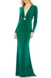 Mac Duggal V-neck Keyhole Long Sleeve Jersey Gown In Emerald