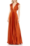 Ieena For Mac Duggal Plunge Neck Pleated A-line Gown In Burnt Orange