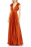 Mac Duggal Plunge Neck Pleated A-line Gown In Burnt Orange