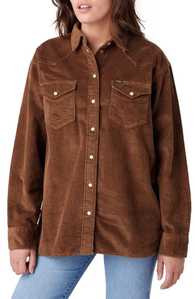 Wrangler Cotton Corduroy Western Snap-up Overshirt In Carafe Brown