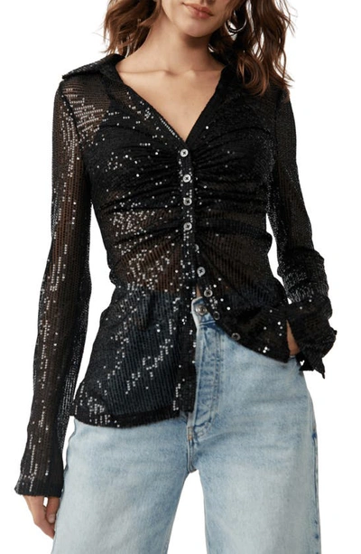 Free People Sequin Ruched Shirt In Black
