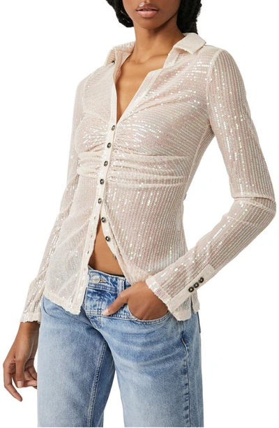 Free People Sequin Ruched Shirt In Champagne Dreams